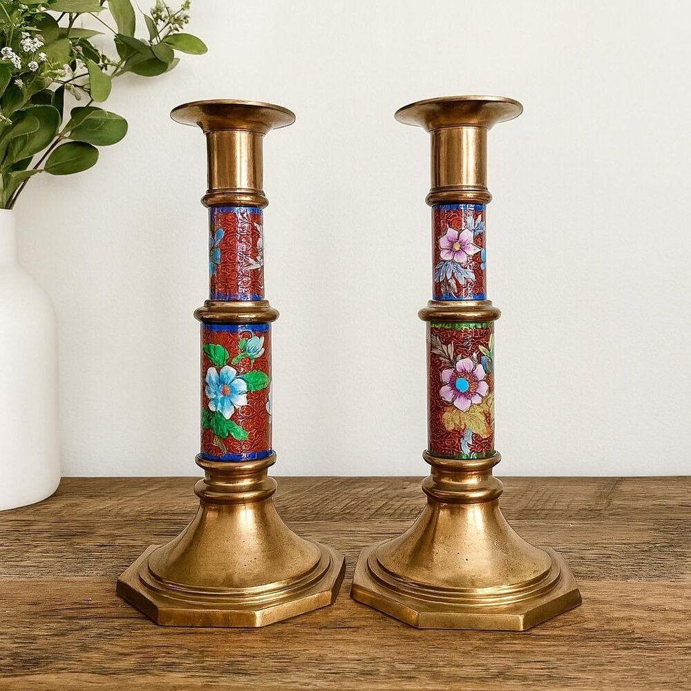 Cloisonne Brass Candlestick Holders Floral Bird Set Of 2 VTG Eclectic Home Decor